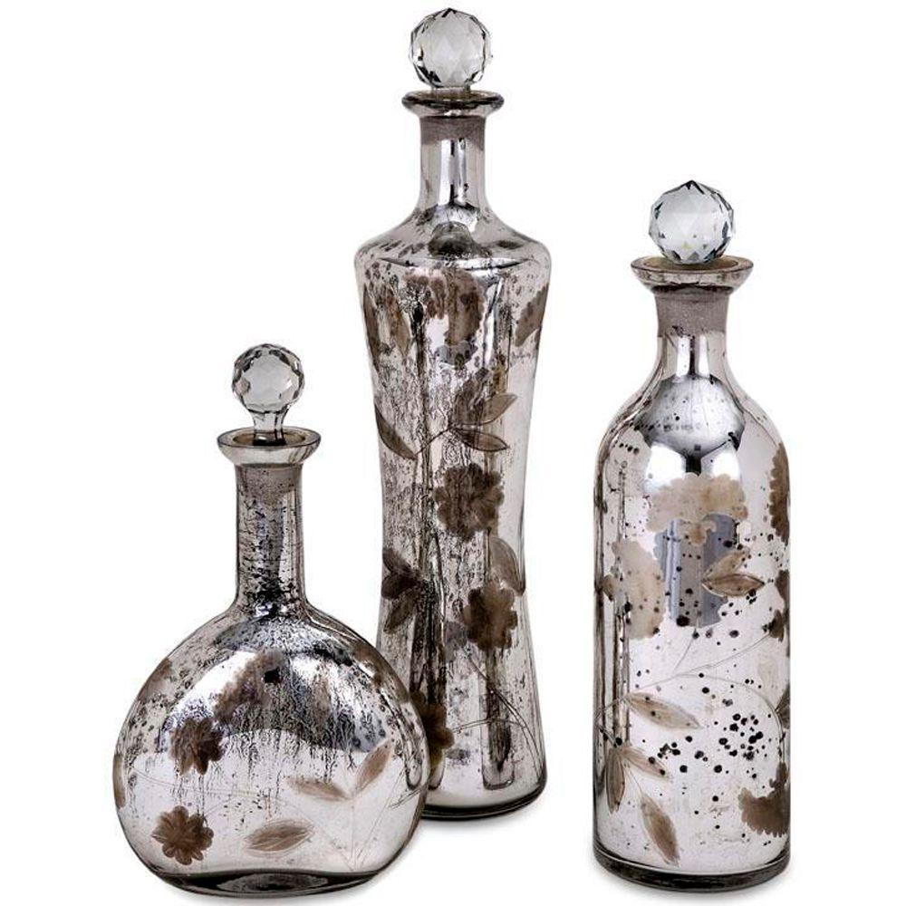 Madison Etched Mercury Silver Glass Lidded Bottles Set Of 3 60771 3 The Home Depot 2668