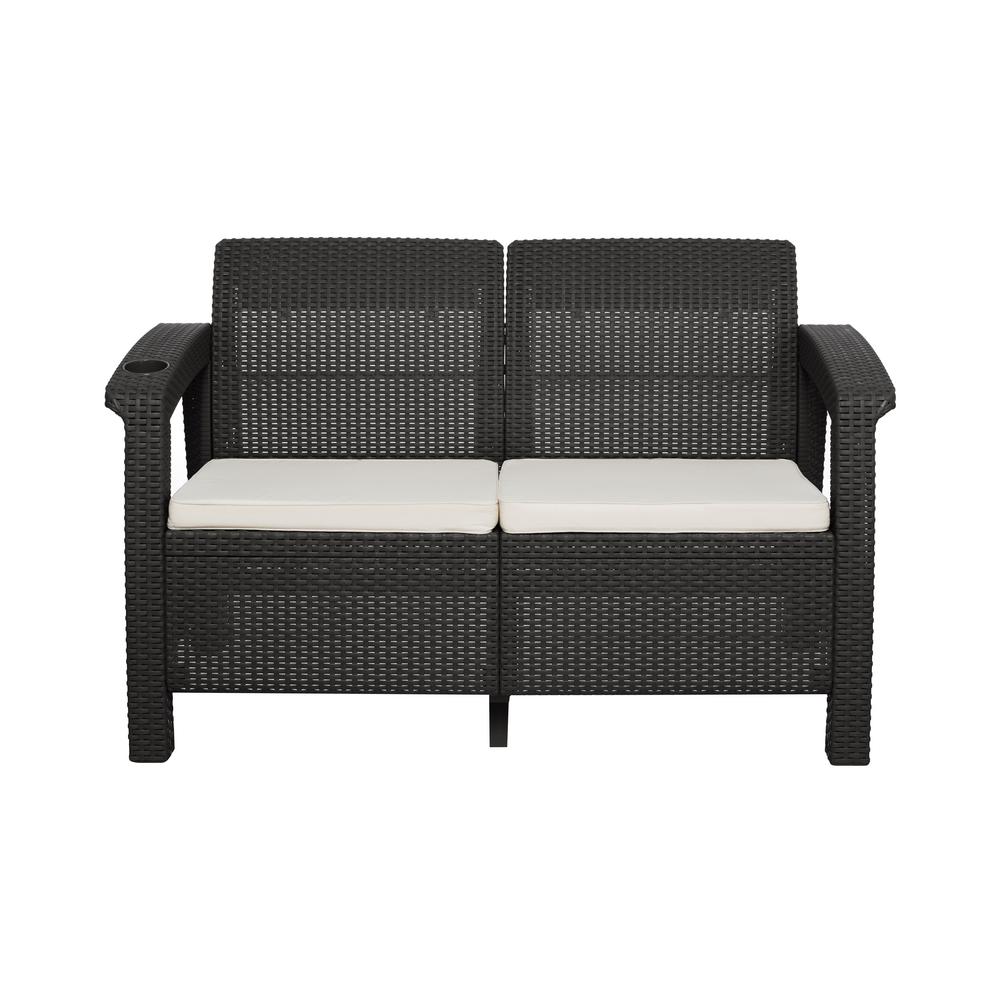 Mq Ferrara Espresso Plastic Conversational Patio Loveseat With A Light Beige Cushion And A Cup Holder 421 Wen The Home Depot