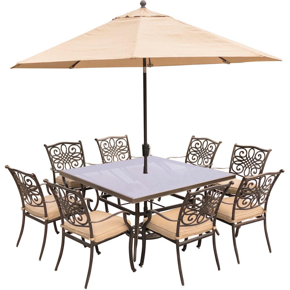 Hanover Traditions 9-Piece Aluminum Outdoor Dining Set with Square Glass-Top... by Hanover