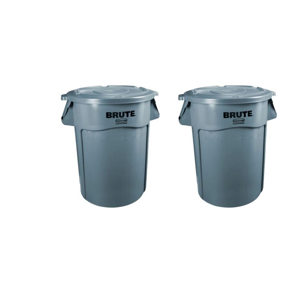 Rubbermaid Commercial Products Brute 32 Gal. Gray Round Vented Trash Can with Lid (2Pack