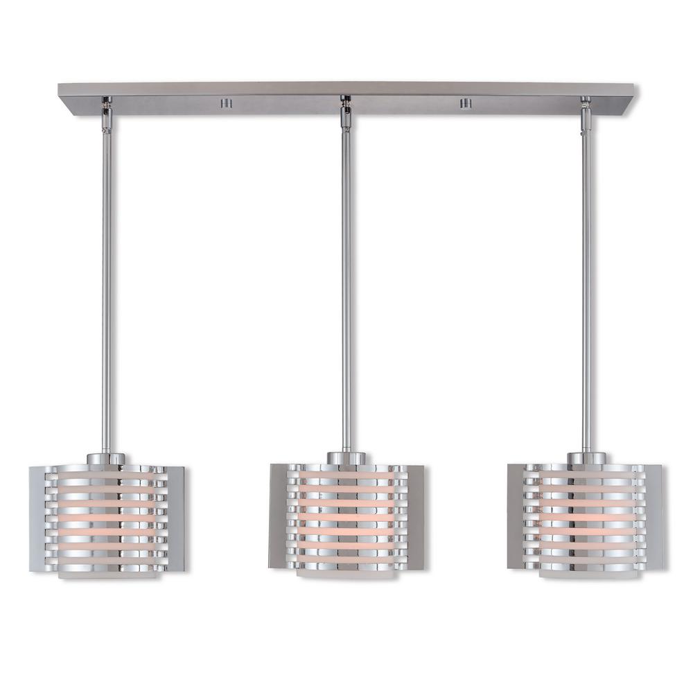 Livex Lighting Hilliard 3 Light Polished Chrome Linear Chandelier Livex Lighting Hilliard 3 Light Polished Chrome Linear Chandelier With Hand Blown Satin Opal White