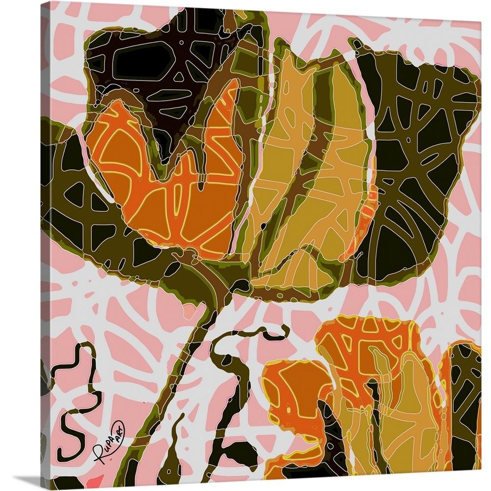 GreatBigCanvas 36 in. x 36 in. "Large Green And Orange Abstract Flower