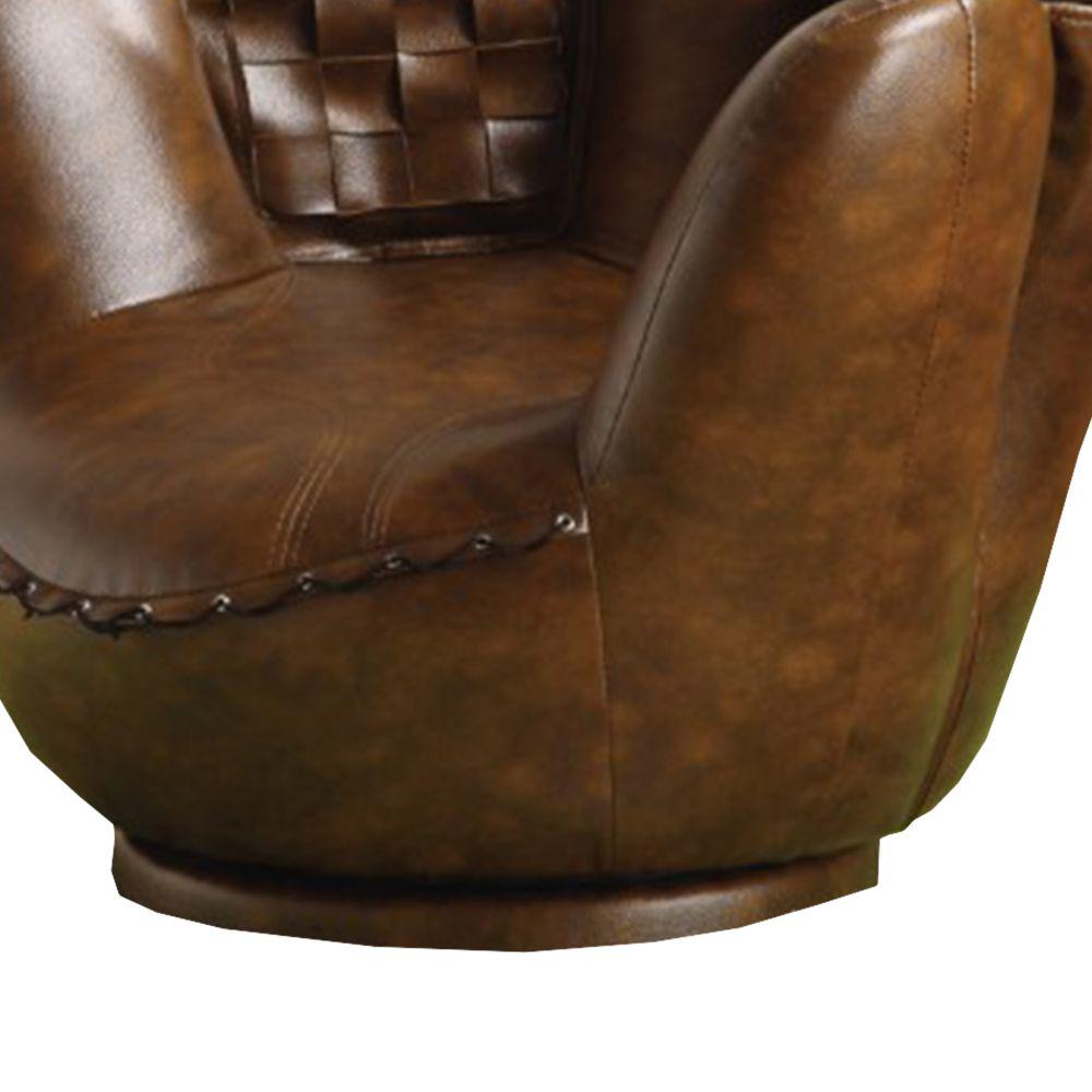 Benjara Brown And White Leather Baseball Glove Chair And Ottoman