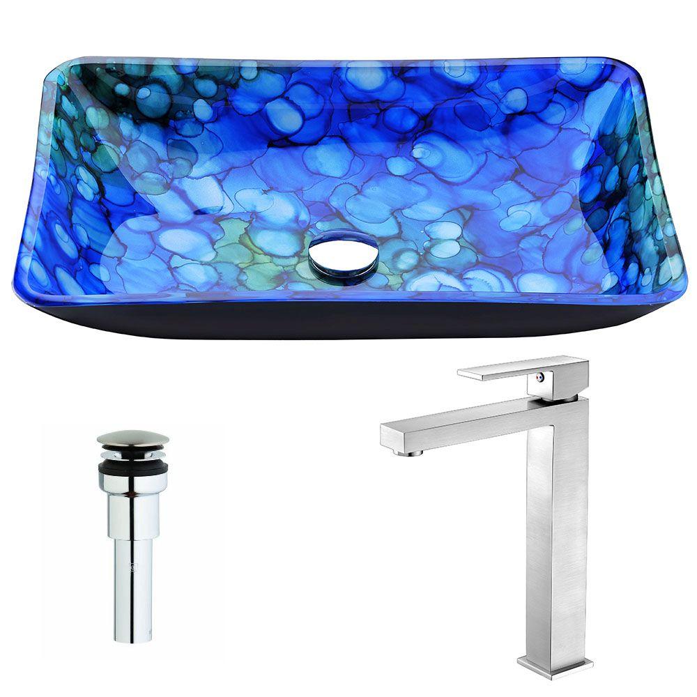 ANZZI Voce Series Deco-Glass Vessel Sink in Lustrous Blue with Enti Faucet in Brushed Nickel