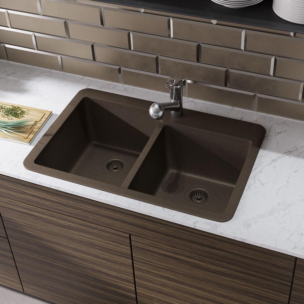Rene Topmount Composite Granite 33 In Offset Double Bowl Kitchen Rene Topmount Composite Granite 33 In