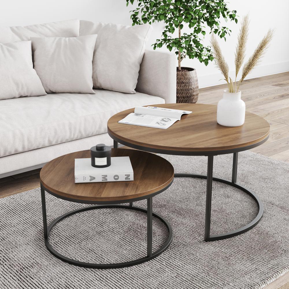Nathan James Stella Reclaimed Oak/Black Round Modern Nesting Stacking Accent Industrial Wood Metal Cocktail Coffee Table (Set of 2)