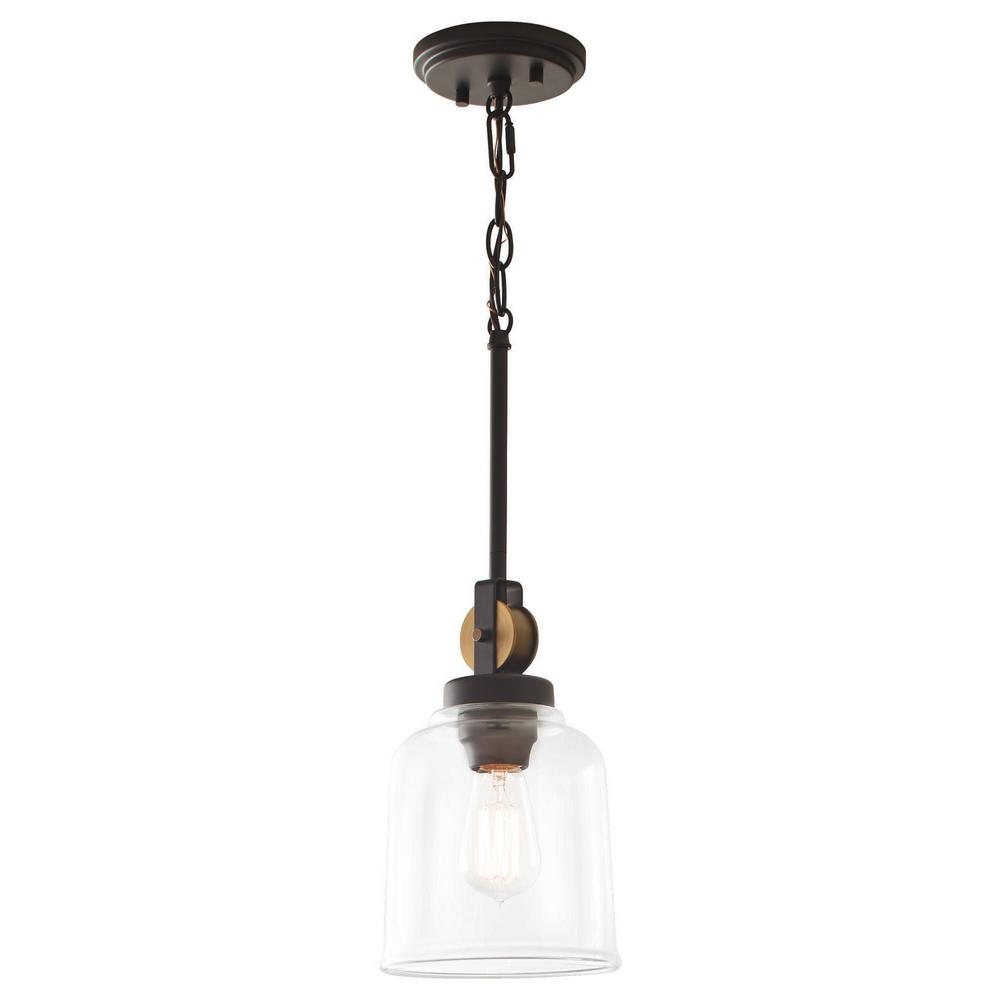 Home Decorators Collection Knollwood 1-Light Blackened Bronze Mini-Pendant with Vintage Brass Accents and Clear Glass Shade