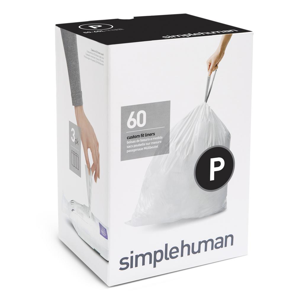 simplehuman 50-60L 60ct Code P Custom Fit Trash Can Liner White