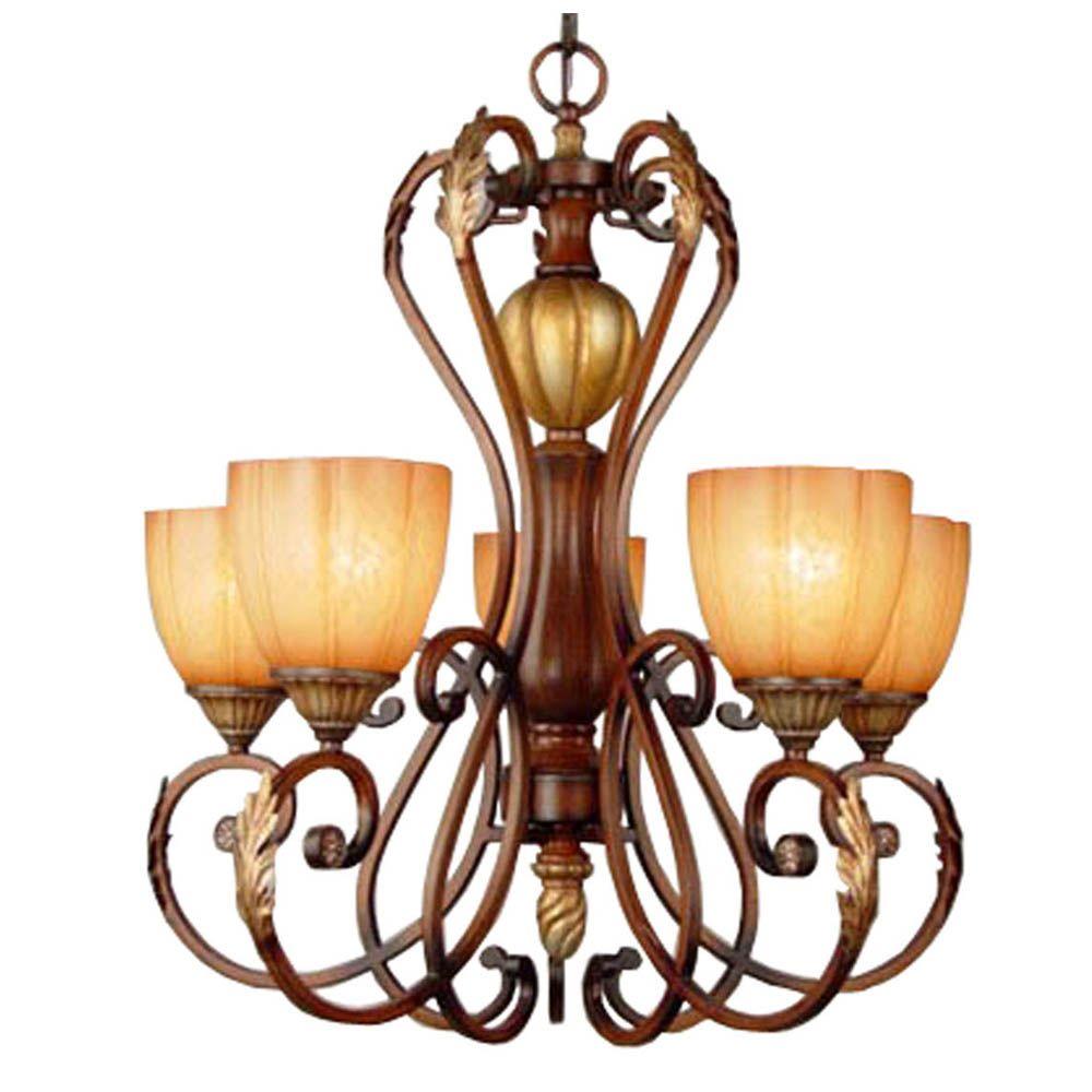 Hampton Bay Chateau Deville 5 Light Walnut Chandelier With Champagne Glass Shades 17022 The Home Depot