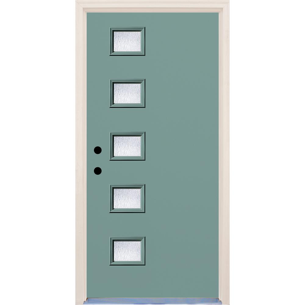 Builders Choice 36 In X 80 Surf Right Hand 5 Lite Rain Glass Surf Right Hand 5 Lite Rain Glass Painted Fiberglass Prehung Front Door With Brickmould