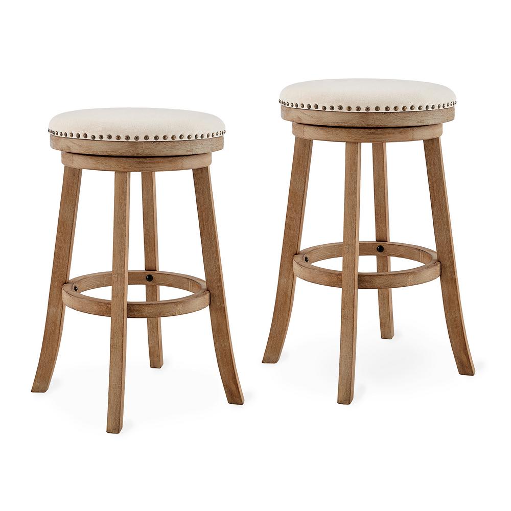 Barton Haily Backless Swivel 28 in. Bar Stool in Solid Wood & Beige