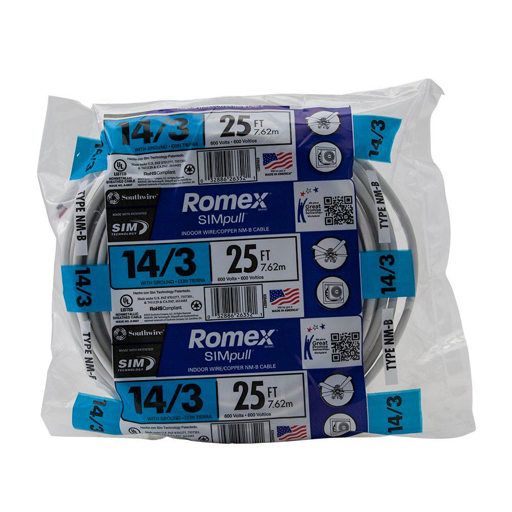 Southwire 25 Ft 14 3 Solid Romex Simpull Cu Nm B W G Wire The Home Depot