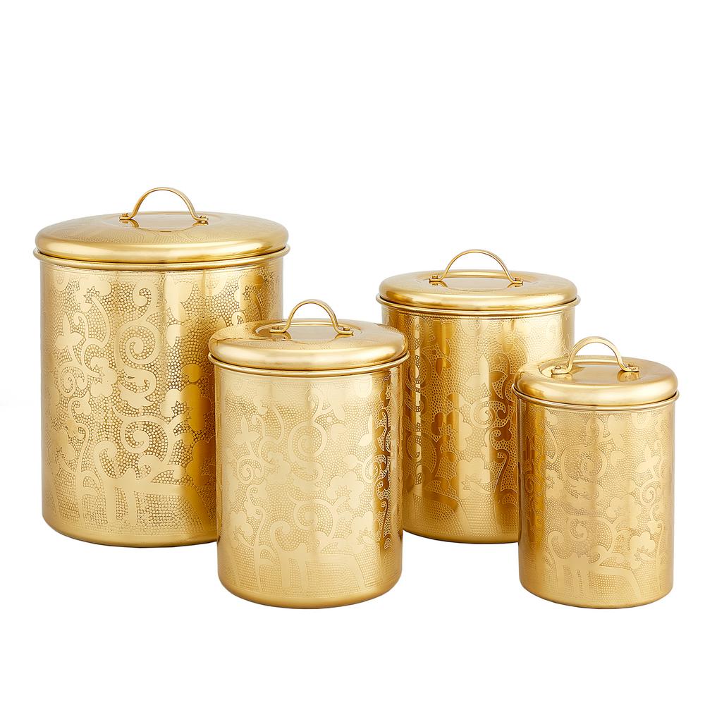 Old Dutch 4  Piece  Avignon Champagne Tone Etched Canister 