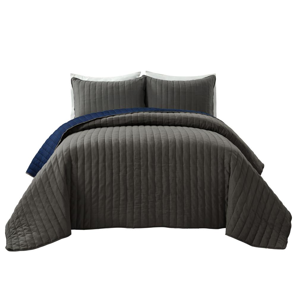 Soft Stripe All Season Gray Navy Quilt Coverlet Full Queen Set 3 Piece 16t005865 The Home Depot