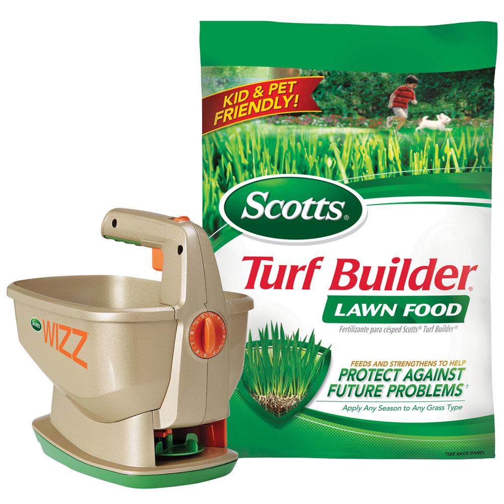 Scotts Wizz Spreader and Turf Builder Lawn Food 5M Lawn Food Combo