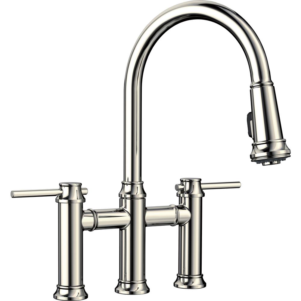 Blanco Empressa 2 Handle Bridge Kitchen Faucet With Pull Down Sprayer In Polished Nickel 442506 The Home Depot