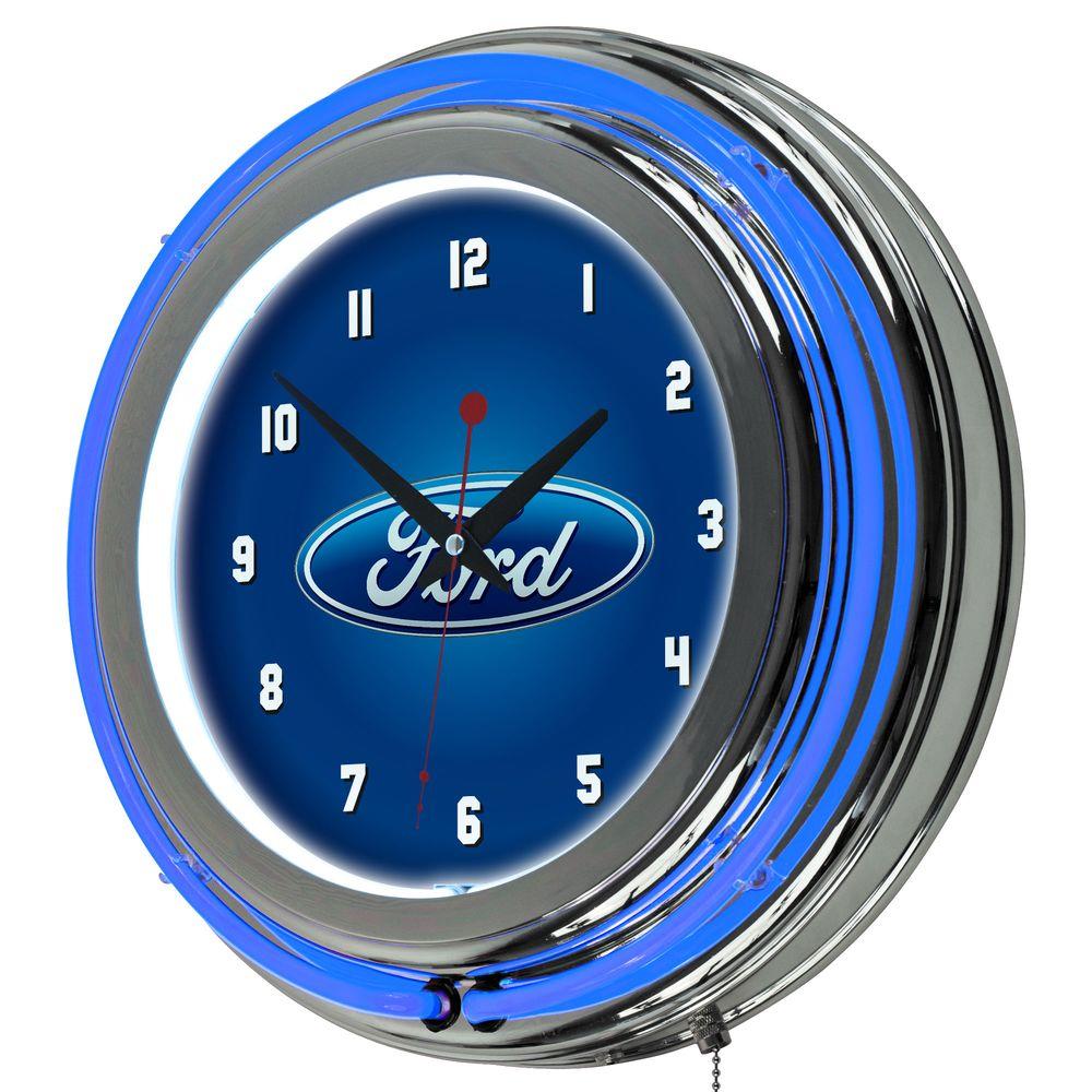 Ford 3 in. x 14 in. Oval Chrome Double Rung Neon Wall ClockFD1400 The Home Depot