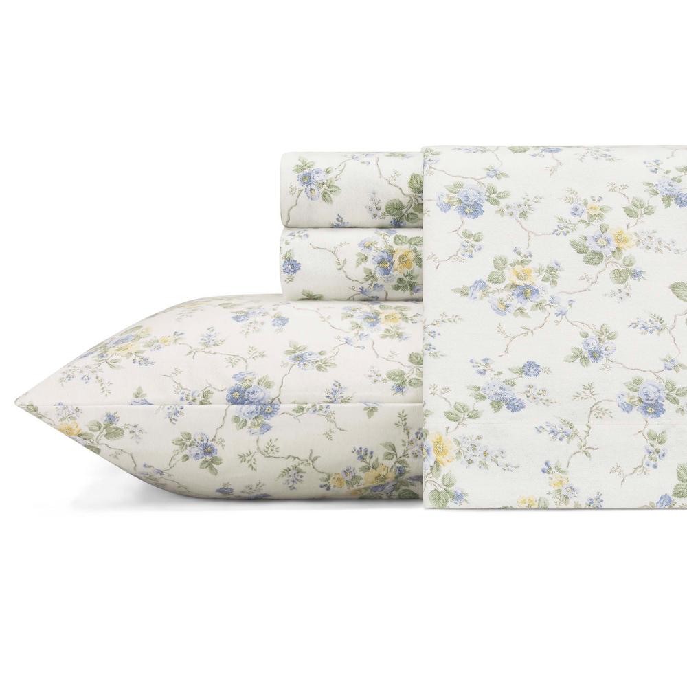 Laura Ashley Le Fleur Blue 4Piece Full CottonFlannel Sheet Set
