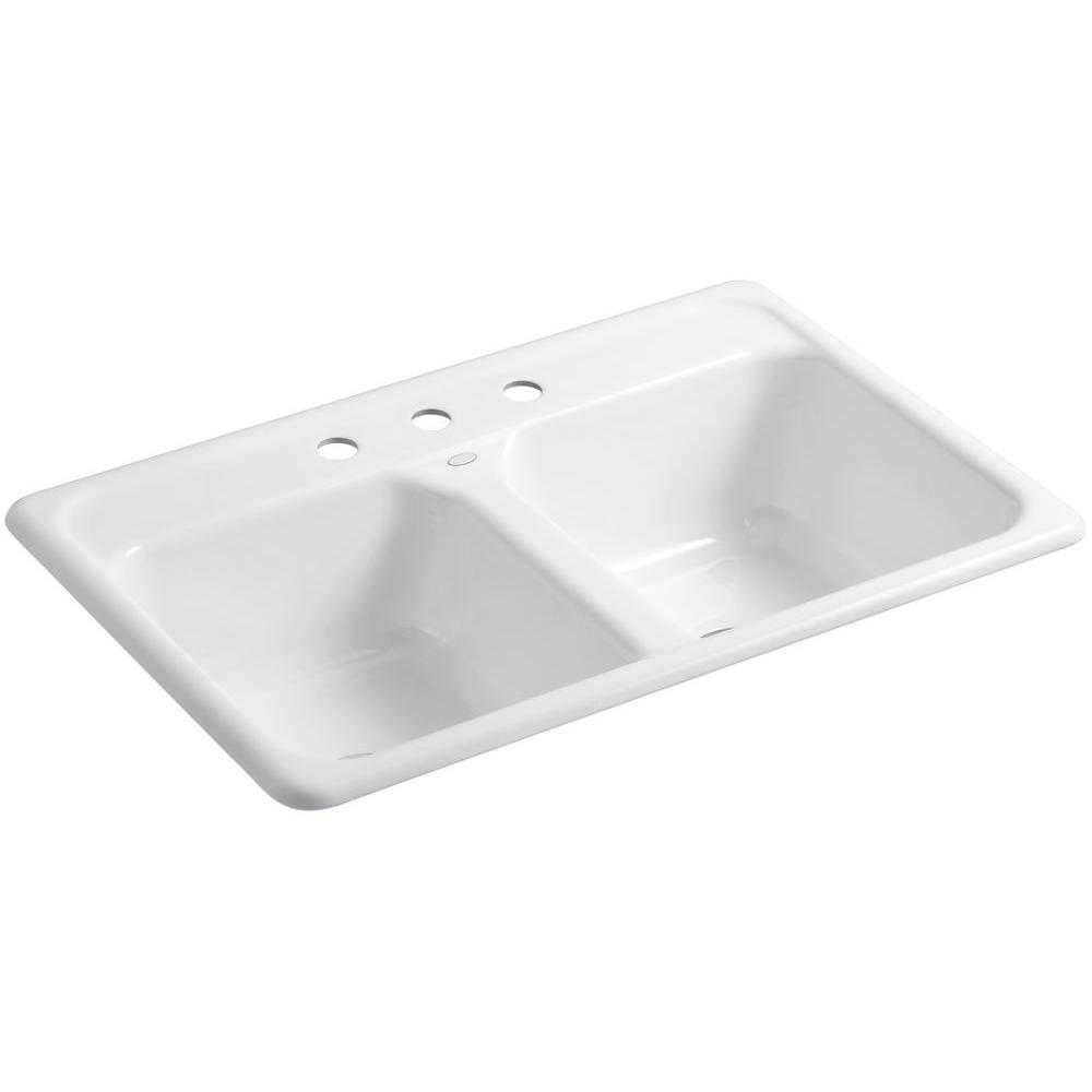 Kohler Delafield Drop In Cast Iron 33 In 3 Hole Double Bowl Kitchen Sink In White