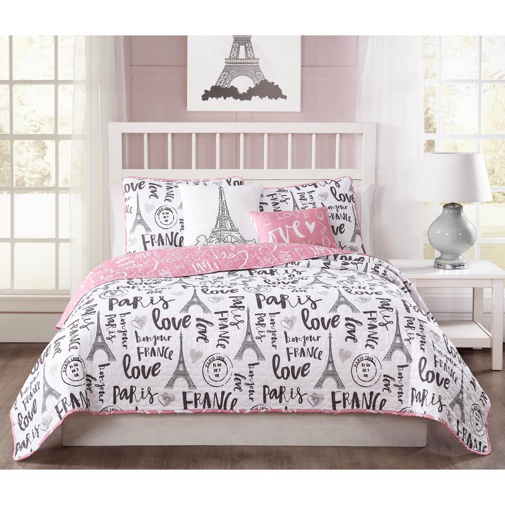 Bonjour 5 Piece Pink Black White Reversible Queen Quilt Set