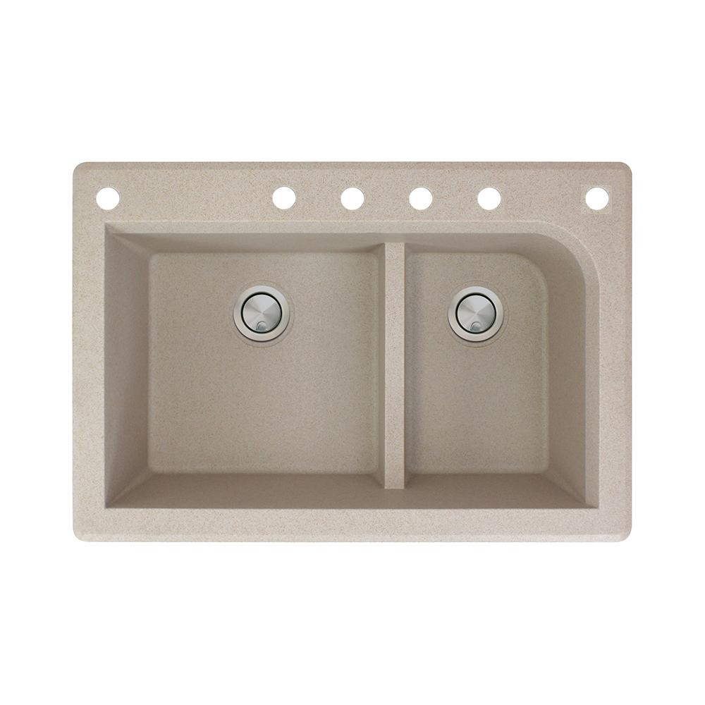 Transolid Radius Drop In Granite 33 In 6 Hole 1 3 4 J Shape Double Bowl Kitchen Sink In Cafe Latte