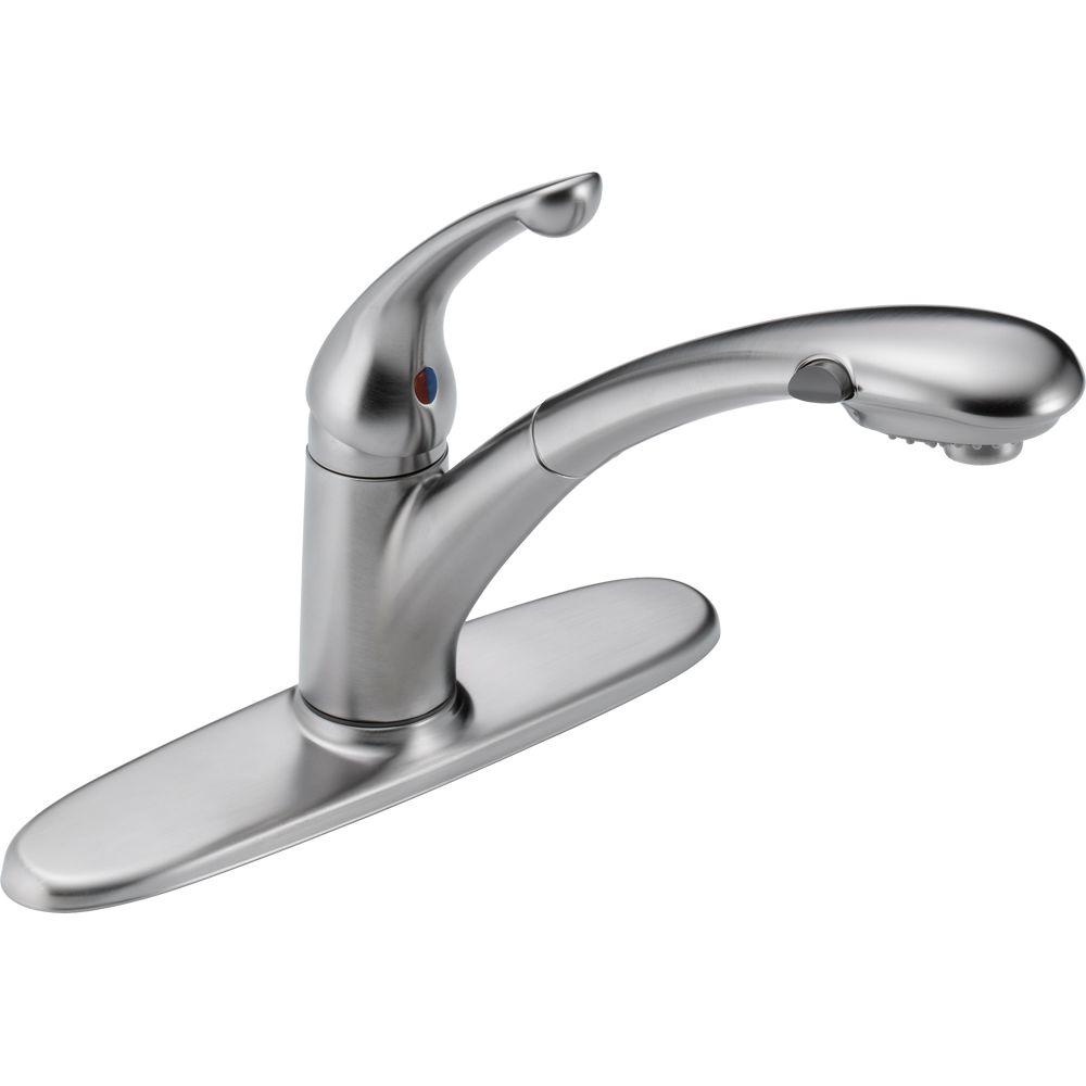 Delta Signature Single Handle Pull Out Sprayer Kitchen Faucet In Arctic Stainless