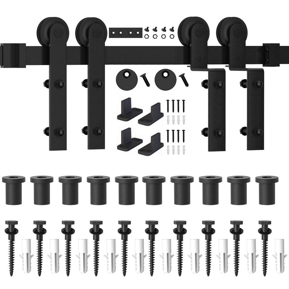 skysen 10FT Low Ceiling Heavy Duty Sliding Barn Door Hardware Double Track Bypass Double Door Kit Black Bypass Arrow Shape-2