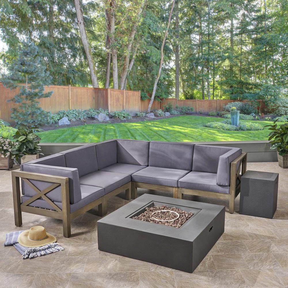 Noble House Brava Grey 7-Piece Wood Patio Fire Pit Sectional Seating Set with Dark Grey Cushions 