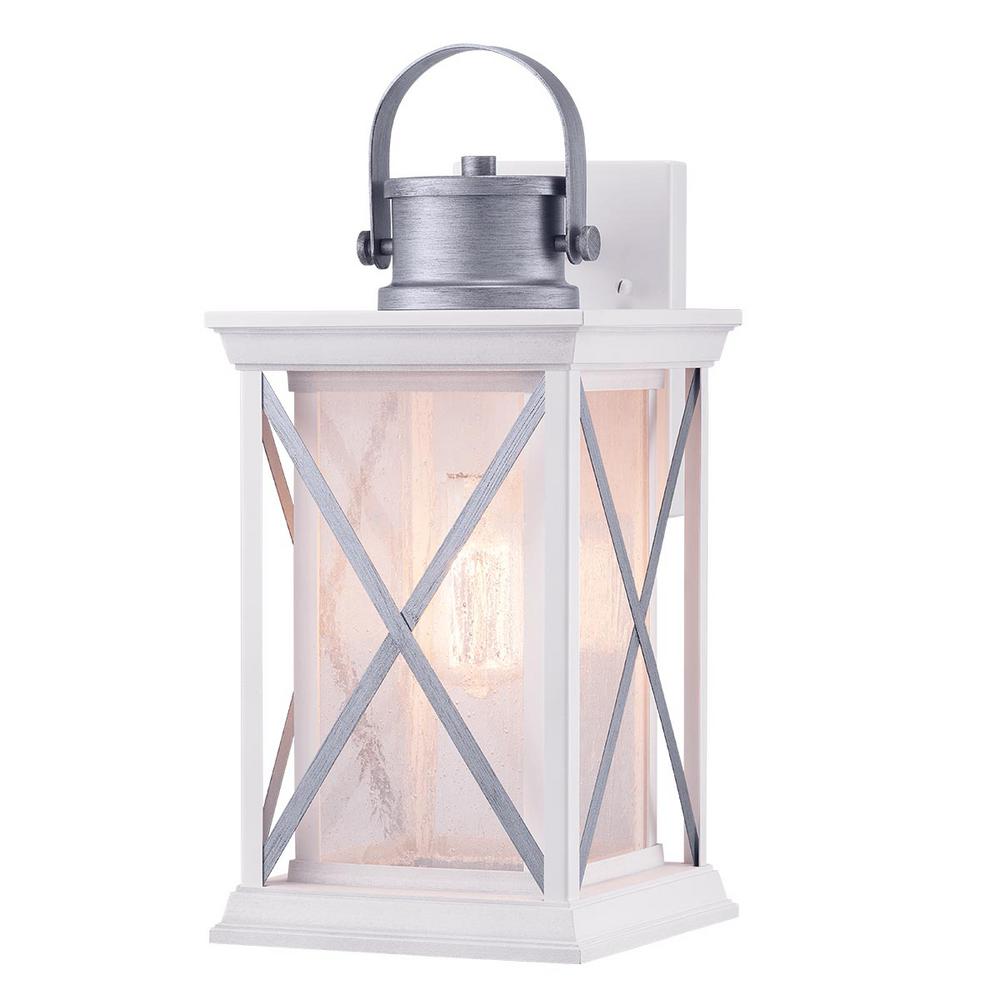 Progress Lighting Pendleton 1-Light Satin White 16 in. Outdoor Medium Wall Mount Lantern with Antique Silver Accents