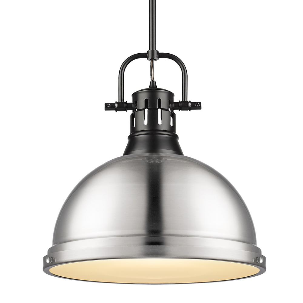 Golden Lighting Duncan 1 Light Pendant With Rod In Black With A Pewter Shade 3604 L Blk Pw The