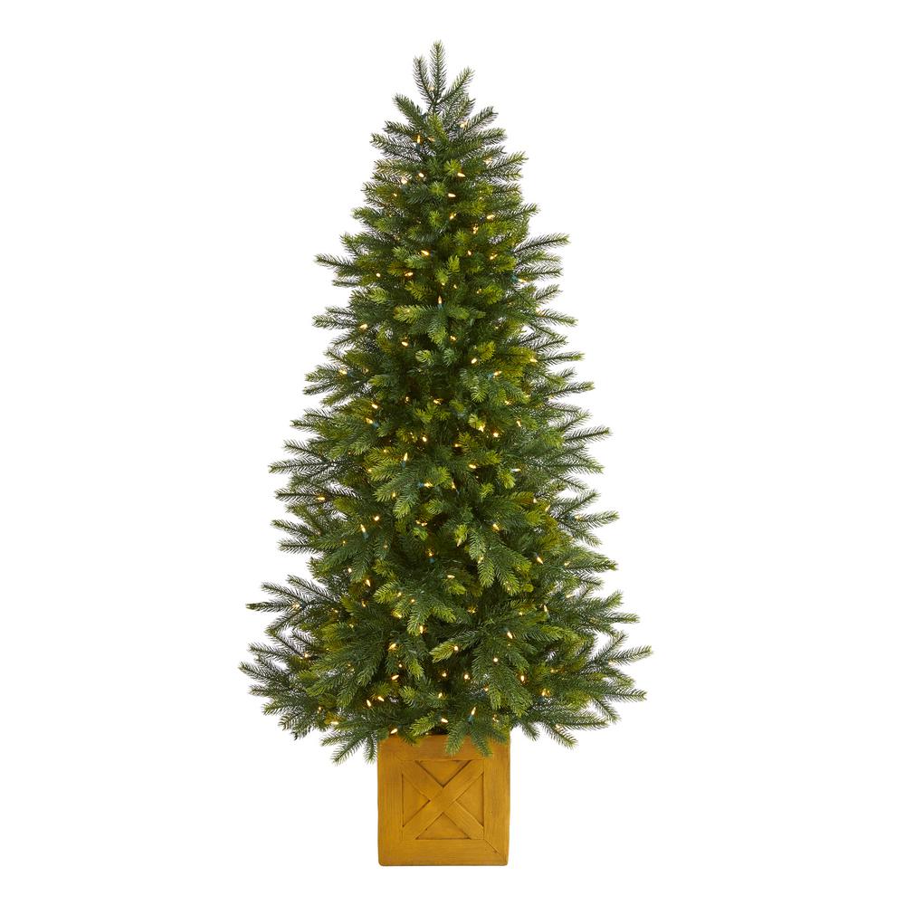 Nearly Natural 6 ft. Pre-lit Manchester Fir Artificial Christmas Tree in Planter with 350 Clear Warm Multifunction LED Lights