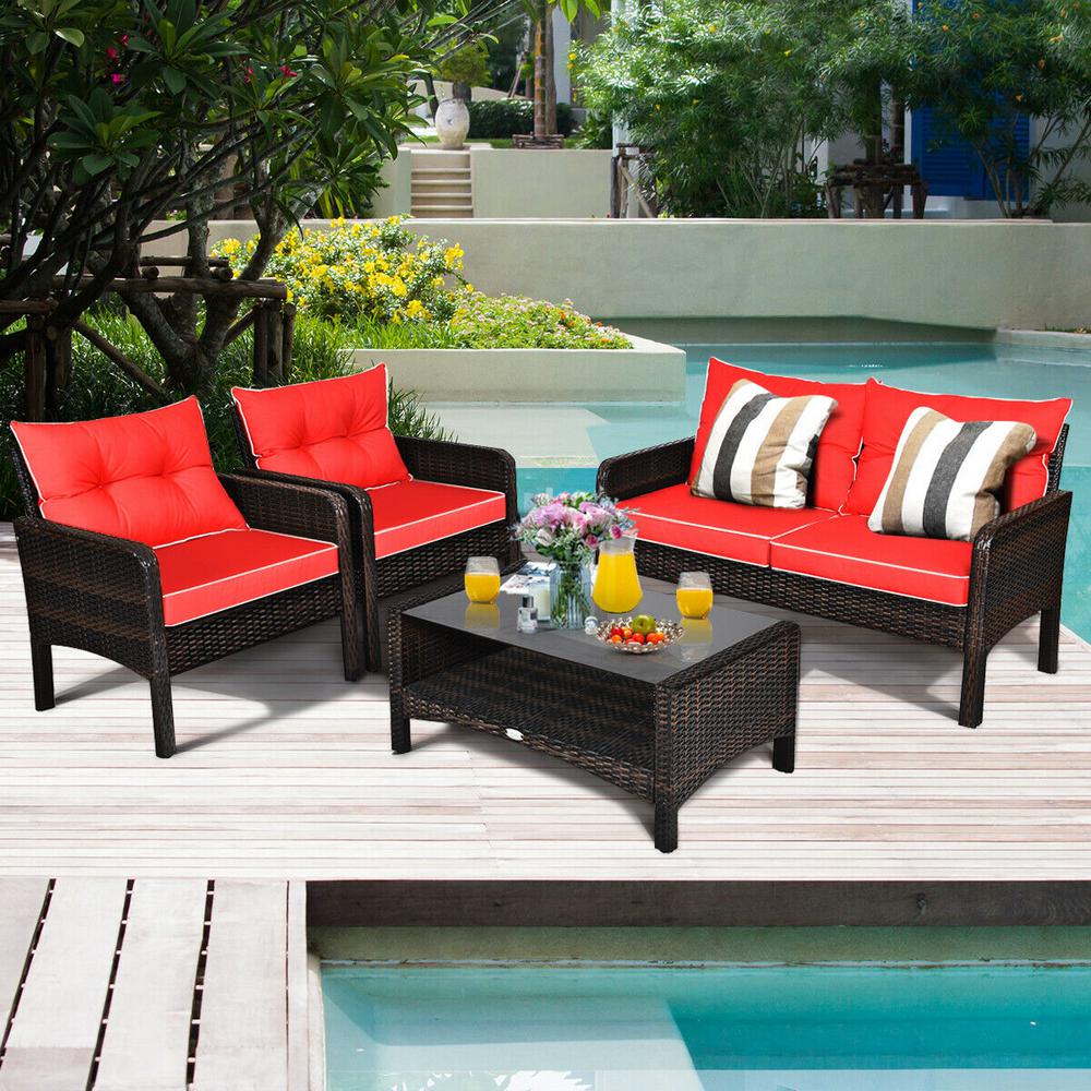 Costway 4 Piece Wicker Patio Conversation Sectional Seating Set 4 Piece Wicker Patio Conversation