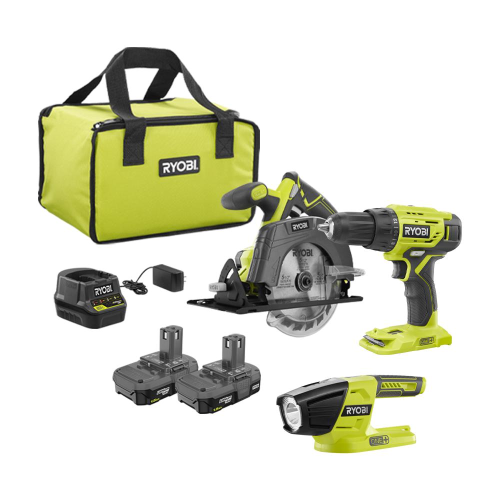 RYOBI 18Volt Cordless ONE+ Drill/Driver, Circular Saw Kit w/(2) 1.5 Ah
