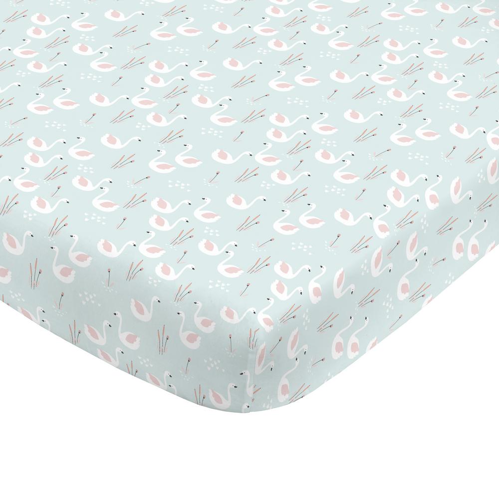 Nojo Super Soft Aqua Blue Swan Polyester Nursery Crib Fitted Sheet