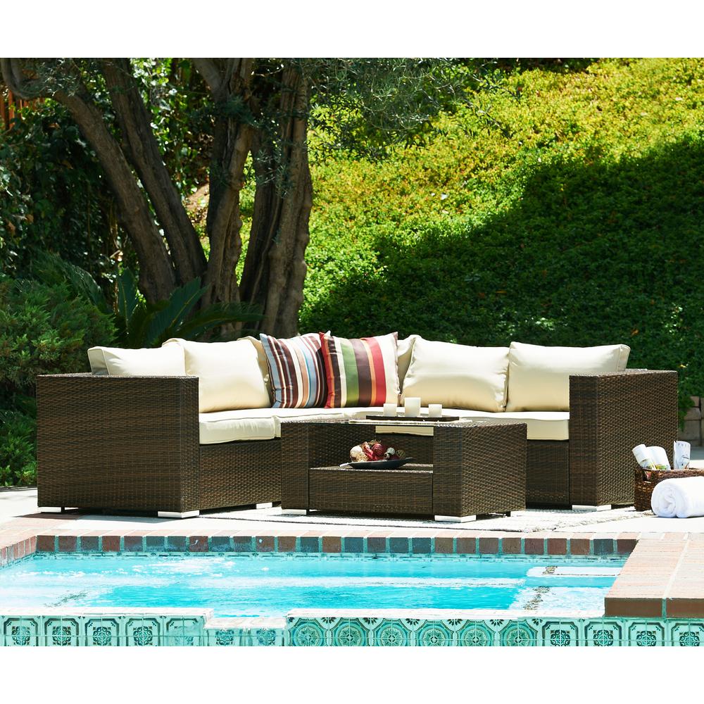 S Dente Kessler Dark Brown 4 Piece Wicker Outdoor Sectional With S Dente Kessler Dark Brown 4 Piece Wicker Outdoor Sectional With Beige Cushions