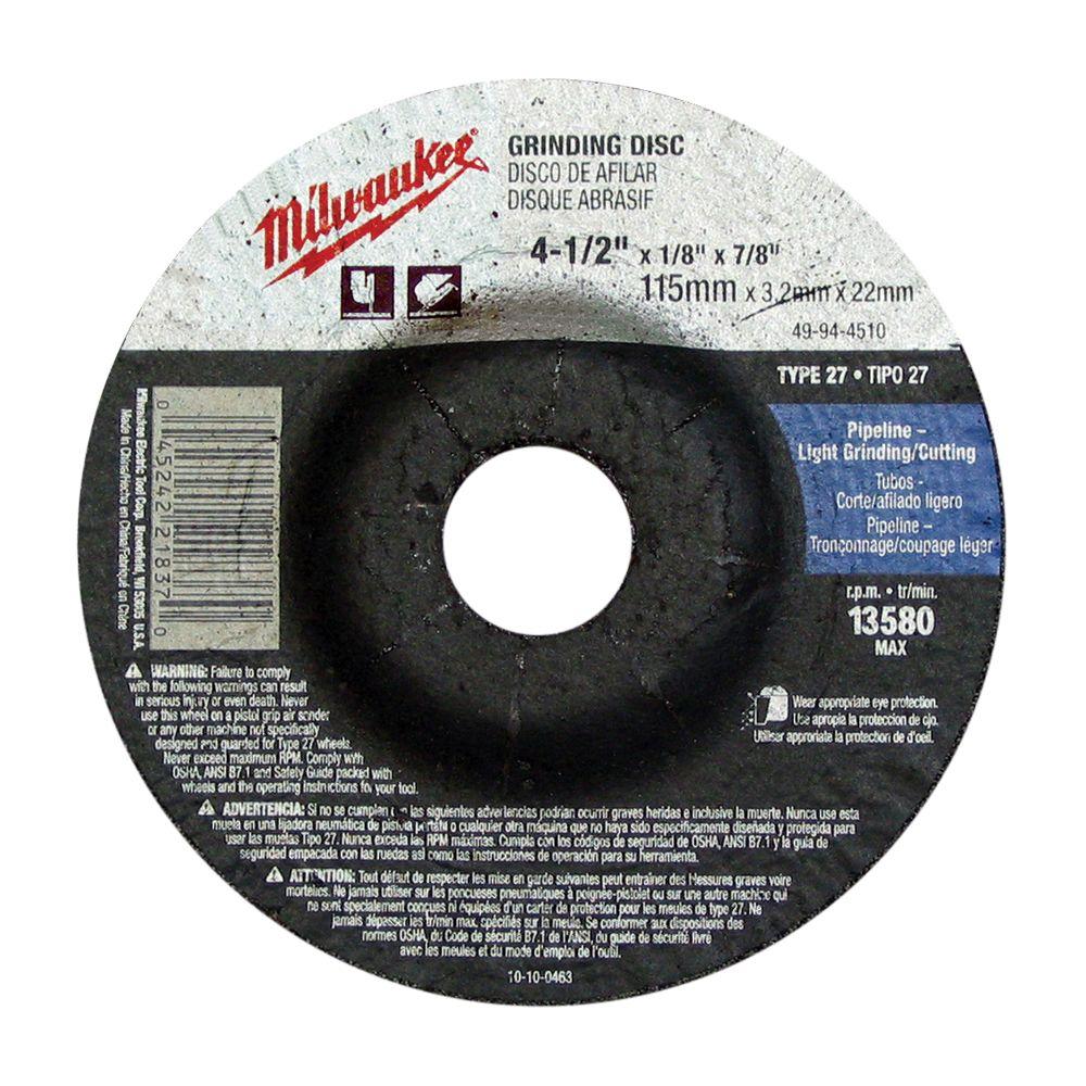 Milwaukee 4 1 2 In X 1 4 In X 7 8 In Grinding Wheel Type 27 49 94 4520 The Home Depot