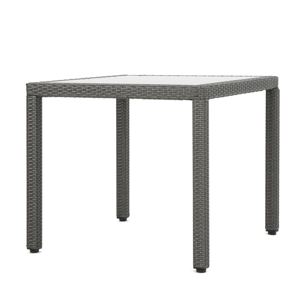 Noble House Everett Grey Square Wicker Outdoor Dining Table With Glass Top