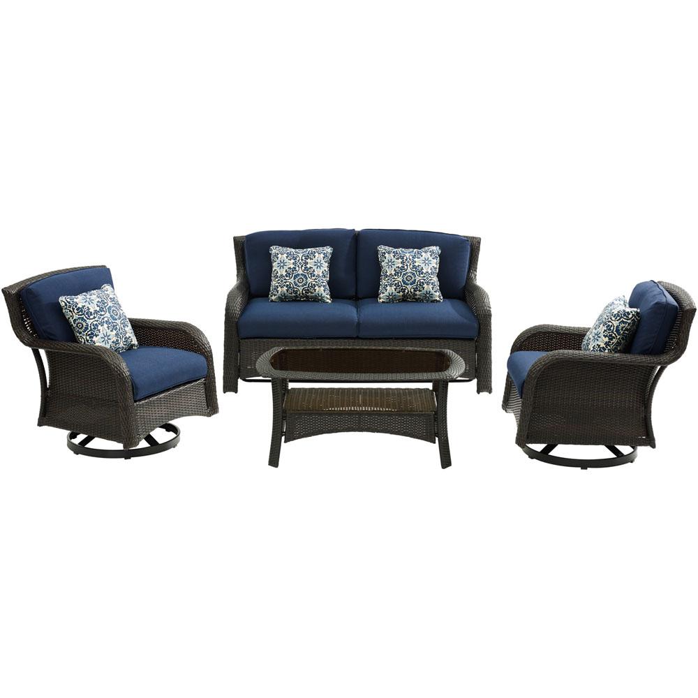 Hanover Strathmere 4Piece Wicker Patio Sectional Seating Set with Navy Blue Cushions