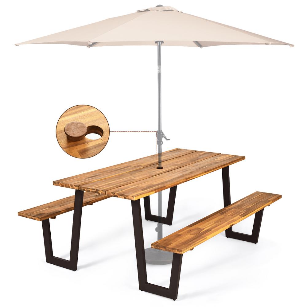 Costway Natural Rectangle Wood Picnic Table Dining Table Set With 2 Bench Seats And Umbrella Hole Hw63853 The Home Depot
