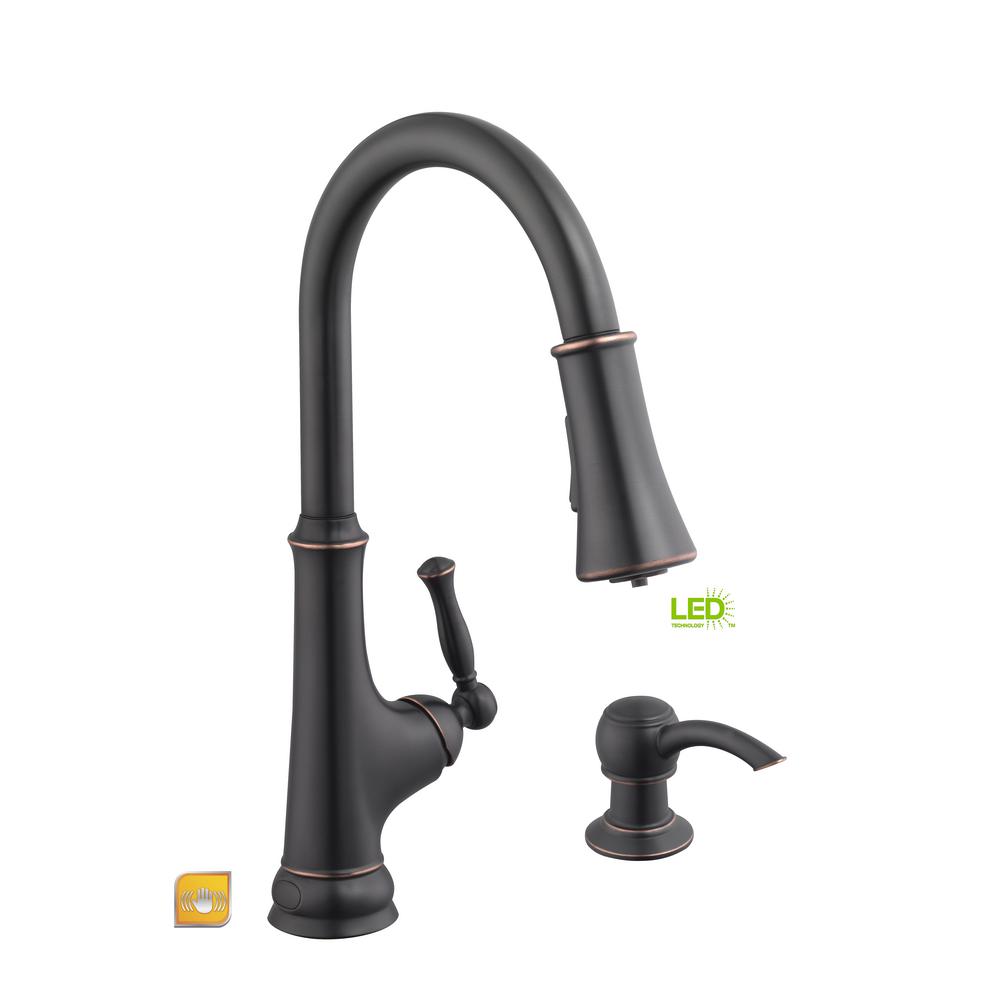 Glacier Bay Touchless Led Single Handle Pull Down Sprayer Kitchen Faucet With Soap Dispenser In Bronze