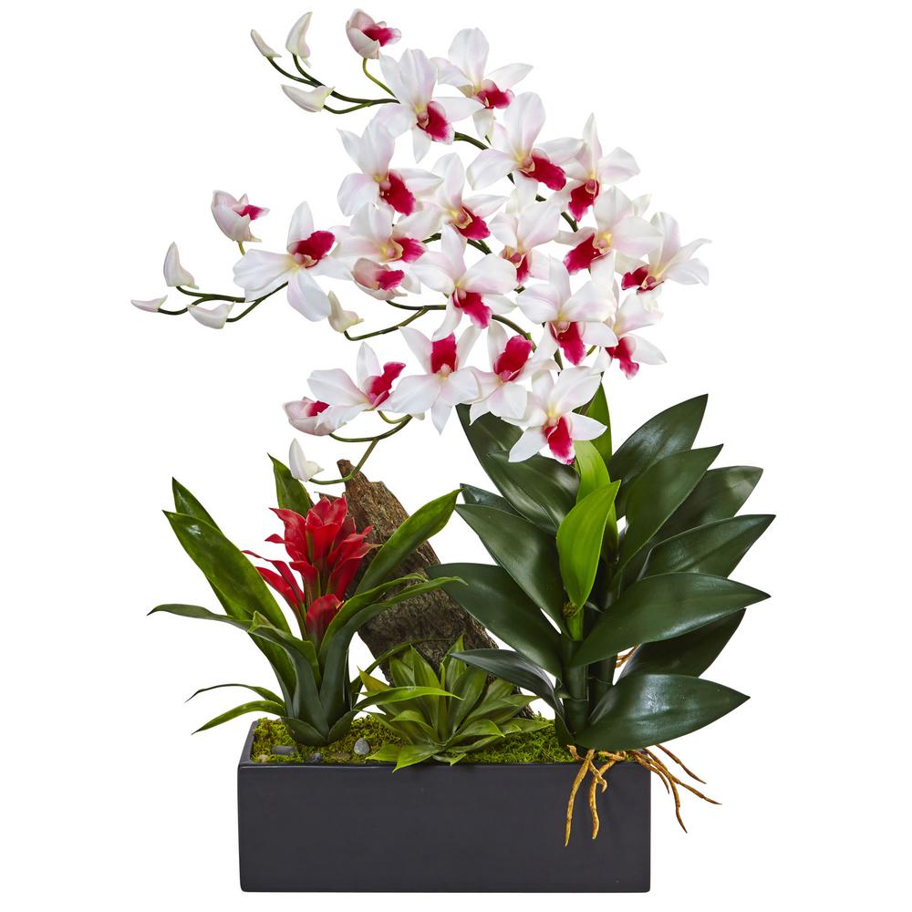 Nearly Natural Dendrobium Orchid And Bromeliad Silk Arrangement 1470 Gr The Home Depot 5827