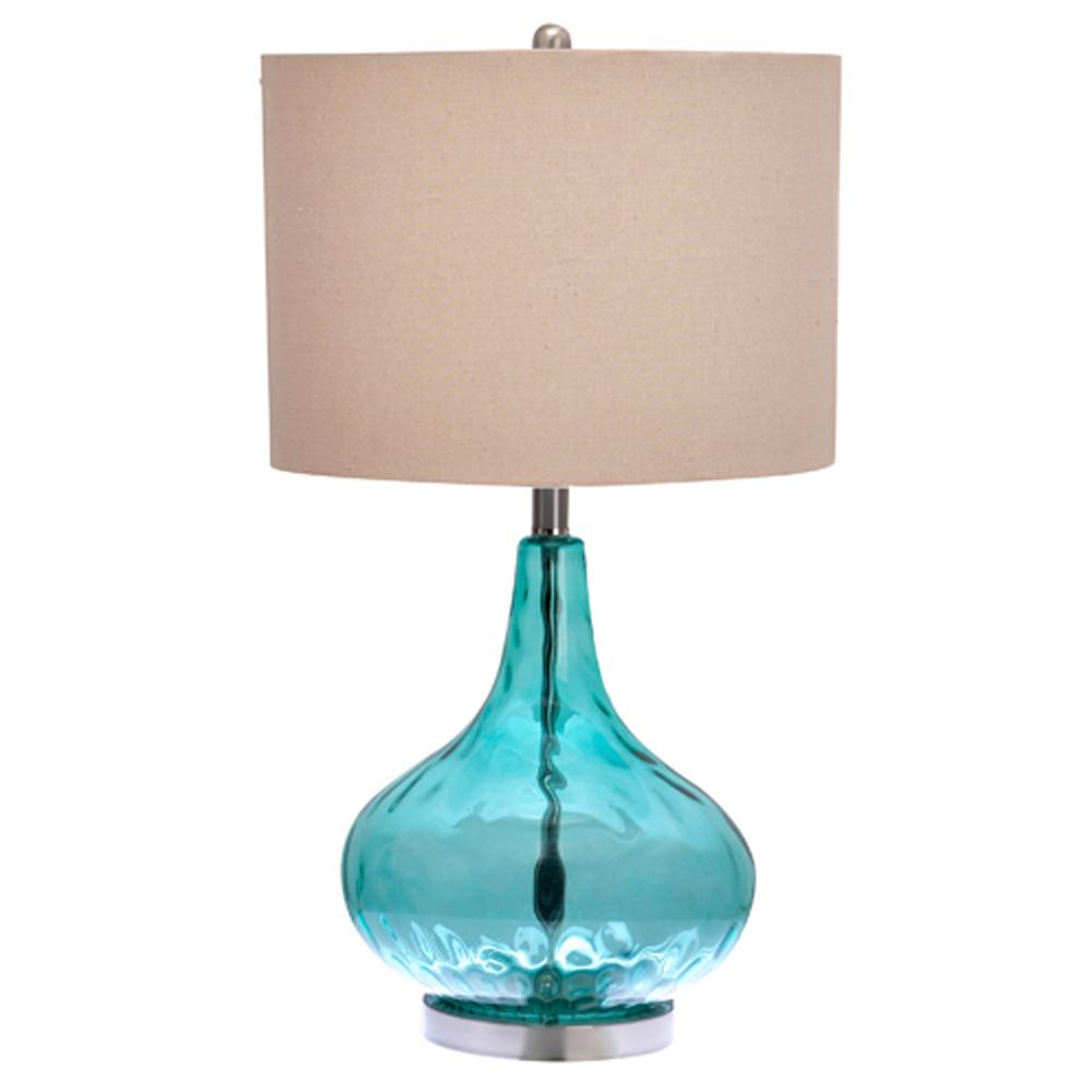 25.5 in. Blue Thumbprint Glass Table Lamp with Linen Shade-18578-000