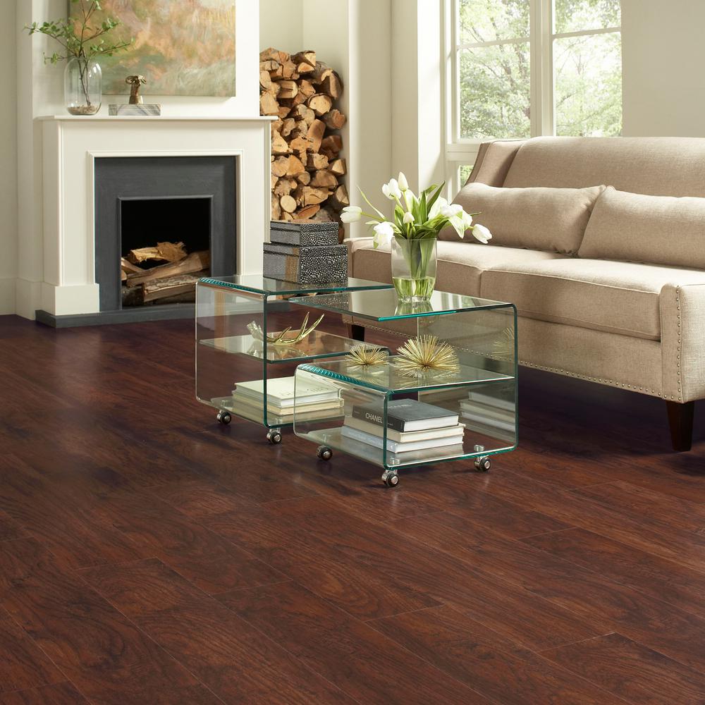 Trafficmaster Dark Brown Hickory 7 Mm Thick X 8 1 32 In Wide X 47 5 8 In Length Laminate Flooring 23 91 Sq Ft Case