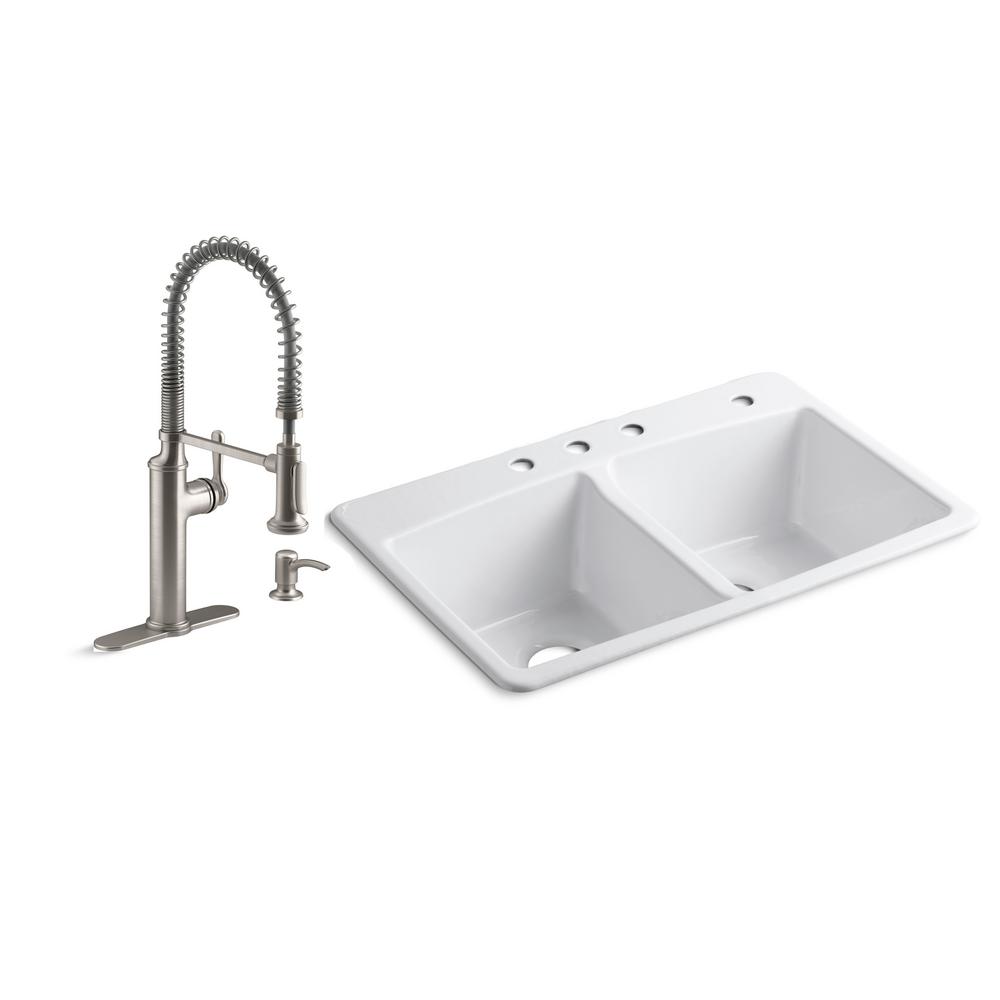 Kohler Brookfield Drop In Cast Iron 33 In 4 Hole Double Bowl Kitchen Sink In White With Sous Faucet In Vibrant Stainless Steel