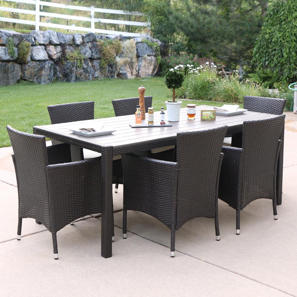 Walker Edison Furniture Company Brown Rattan 7 Piece Outdoor Dining Walker Edison Furniture Company Brown Rattan 7 Piece Outdoor Dining Set With White Cushions
