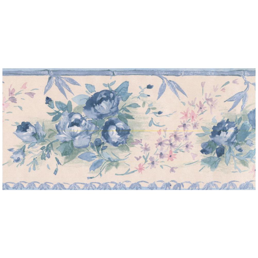 Norwall Blue Flowers Beige Prepasted Wallpaper Border Sa75781 The