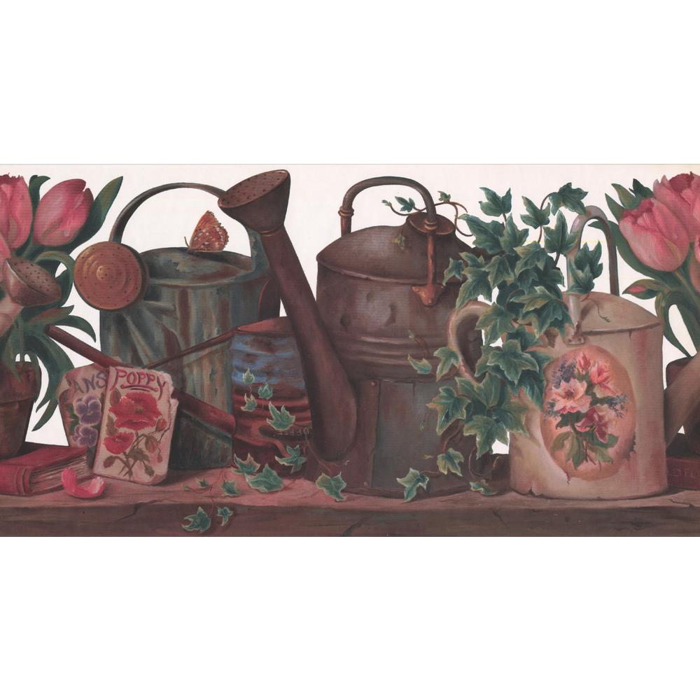 BIRDHOUSES BASKETS COUNTRY WATERING CANS FLOWERS WALLPAPER BORDER
