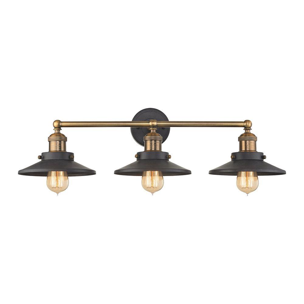 English Pub 3Light Tarnished Graphite and Antique Brass Vanity Light