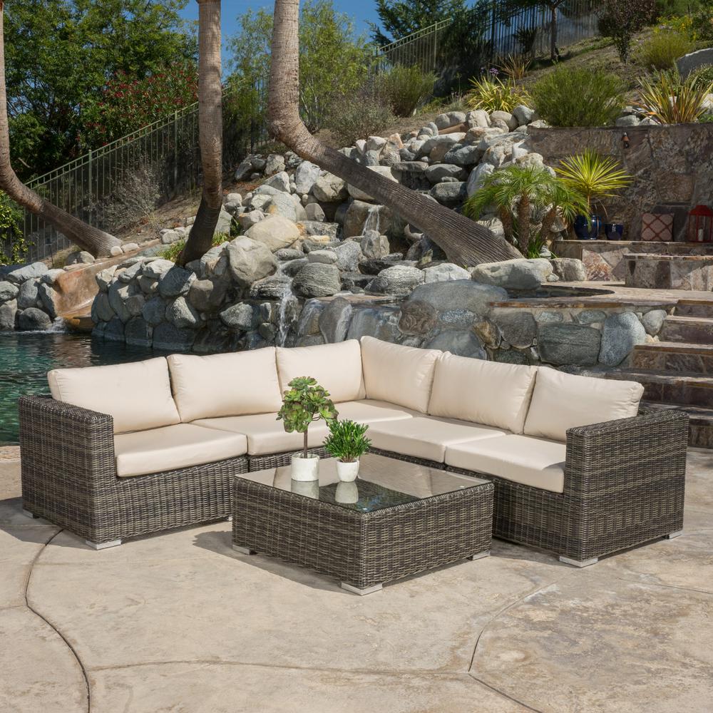 Noble House Santa Rosa Grey 6 Piece Wicker Outdoor Sectional With Tan Cushions