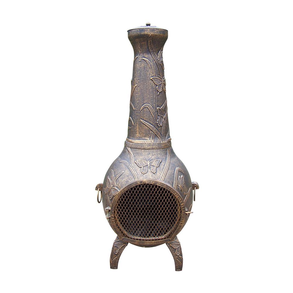 Butterfly Cast Metal 53 inch Tall Chimenea with Built-in Handles, Log Grate,...